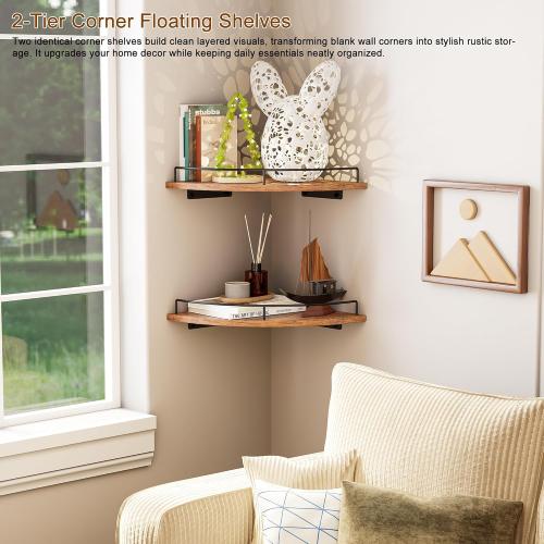 Corner Floating Shelves, Rustic Brown Wood, Set of 2, Wall Mount Storage with Guardrail for Bathroom Kitchen Living Room