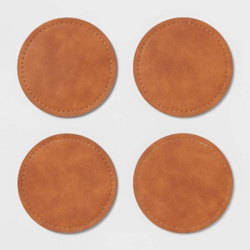 4pk Faux Leather Coasters - Threshold™: Brown Polyethylene Cup & Table Drink Coasters, Traditional Style, 4x4