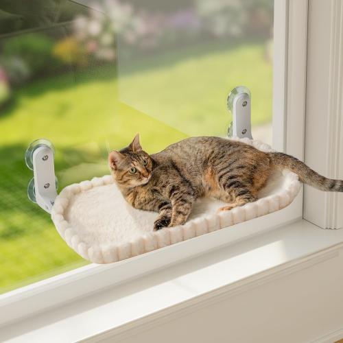 Cat Window Perch, Foldable Cat Hammock, 4 Suction Cups White Medium