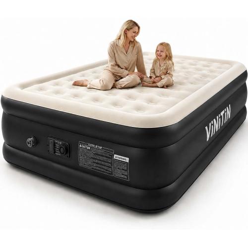 Queen Air Mattress with Built-in Pump, 16 Elevated Inflatable Bed for Home & Guests, Self-Inflating Blow Up Mattress with Flocked Top & Storage Bag, 660lb Max Weight, Matt Black