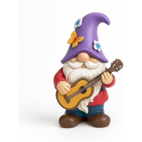 Musical Gnome Figurine with Guitar – Handcrafted Resin Garden or Shelf Decoration, 6.2 Tall Whimsical Gnome Statue with Purple Hat, Flowers & Butterfly, Gift for Music Lovers (Purple)