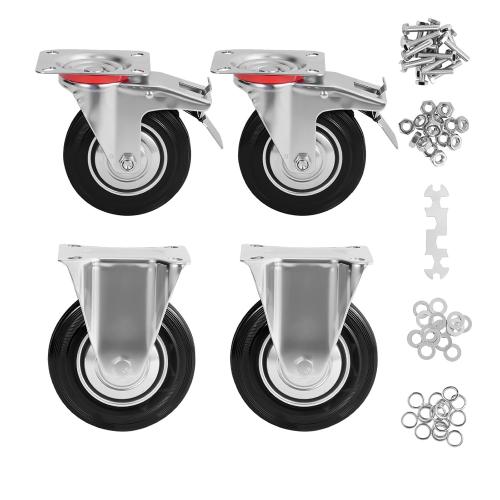 4 Inch Caster Wheels Set of 4, Heavy Duty Casters with Brake, Swivel Rubber Castors for Cart, Workbench,Black (4(2 Fixed  2 Swivel with Brake), 4)
