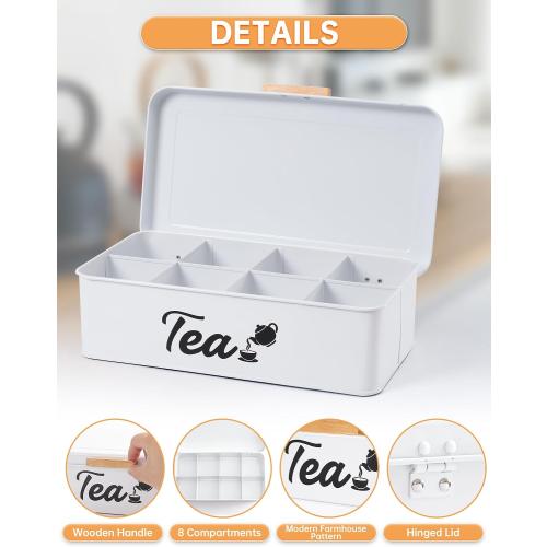 Farmhouse Tea Bag Organizer, Tea Bag Holder with 8 Compartments for Countertop, Tea Box Organizer with Wooden Handle for Home Kitchen