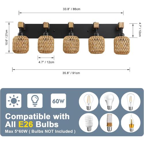 5 Light Bathroom Vanity Light Fixtures, Rustic Style Wood Bathroom Wall Sconce, with Boho Wicker Lampshade, Rattan Black Farmhouse Wall Sconce for Bedroom, Hallway, and Living Room