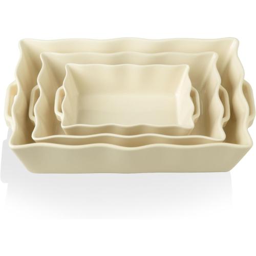 Sweejar Casserole Dishes for Oven, Ceramic Bakeware Set of 3, Rectangular Baking dish with Handles, Wave Edge Lasagna Pan Deep for Cooking, Cake, Dinner, Banquet and Daily Use (Beige)