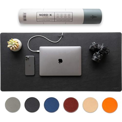 Nordik Leather Desk Mat Cable Organizer - Pebble Black 35 X 17 inch - Premium Mouse Mat - Felt Vegan Leather Desk Pad Protector - Desk Blotter Matt Keyboard - Large Desk Matt for Desktop Computer