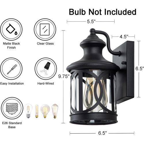 2-Pack Outdoor Wall Lights, Porch Lights, Waterproof Outdoor Wall Sconce, Exterior Light Fixtures Matte Black with Clear Glass Shade for House Garage Patio Front Door Balcony