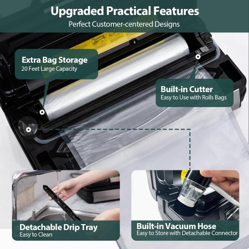 95kPa Vacuum Sealer Machine with AquaLock Technology, Dual-Pump Automatic Food Sealer for Dry & Moist Foods, Double Heat Seal, Built-in Cutter, Bag Storage & Accessory Hose,2 Bag Rolls,Stainless Steel