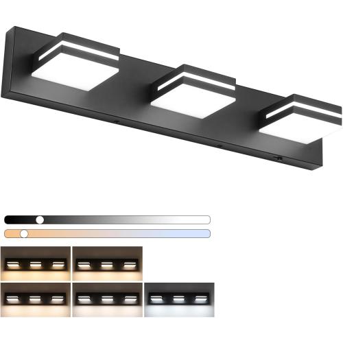 SineRise LED Modern Bathroom Vanity Light Fixtures (3-Light, 24-Inch)(5CCT, Dimmable), Matte Black Modern Acrylic Bathroom Wall Lighting Fixtures Over Mirror (3000K/3500K/4000K/5000K/6000K)