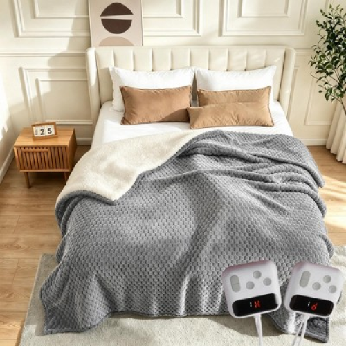 Garvee Heated Blanket King 90x100, Dual-Zone Controllers Jacquard Flannel Blanket for Cozy Bedroom, 10 Heat Settings, Grey