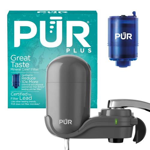 PUR Plus Faucet-Mount Water Filtration System, Lead-Reducing Filter, Grey | Easy Installation, 100-Gallon Capacity, Compatible with External Aerators