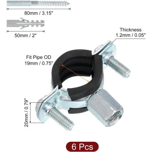 uxcell 6 Pcs Adjustable Pipe Bracket Clamp, 3/4(19mm) Wall Ceiling Mount Split Ring Pipe Hanger Galvanized Iron Pipe Strap Support with Screw & Expansion Tube for Pipe Tube