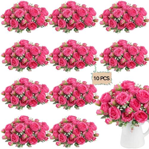 ASTRYAS 10Pcs Fake Artificial Peonies Silk Peony Bouquet, Hot Pink