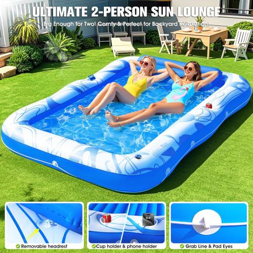 Inflatable Tanning Pool Lounger with Lights,81x 60 Large Tanning Floats for Adults, Swirls Pool Lounger Float,Blow Up Tanning Water Bed with Cup&Phone Holder,Adults Tanning Pools for Backyard