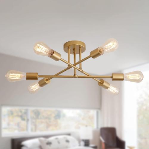 Gold Modern Sputnik Chandelier Ceiling Light Fixtures,6-Lights Industrial Metal Semi Flush Mount Ceiling Light for Bedroom Dining Room Living Room Kitchen Hallway UL Listed