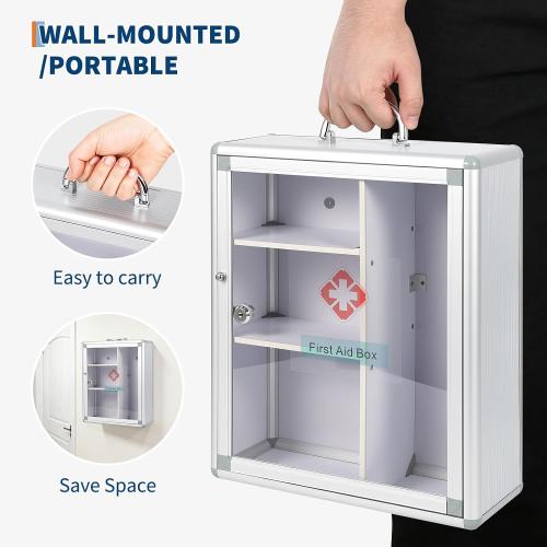 Garvee Large Lockable Medicine Cabinet with Handle,Protable First Aid Cabinet Wall Mount with Sticker for Bathroom,13.78×5.51×16.53,Sliver