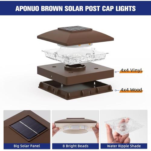 APONUO Solar Post Cap Lights for 4x4 Posts - IP64 Waterproof, Warm/Cool White, Wireless Fence Lights & Deck Lights for Patios, Gardens, and Yards, Brown,12 Pack