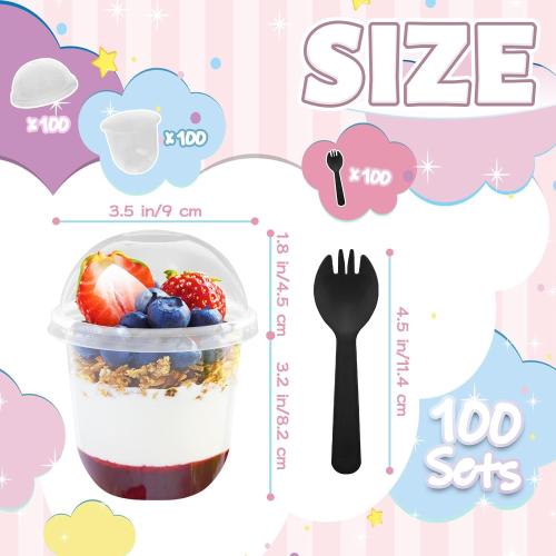 100 Pack 12 oz Clear Plastic Cups with Dome Lids,Parfait Yogurt Cups with Spoons,No Hole Plastic Cup with Lids for Dessert,Yogurt,Ice Cream,Cupcake,Fruits