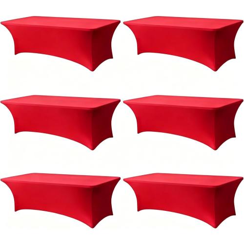 Red Spandex Tablecloth 6 Pack, 8FT Fitted Stretch Table Cloth with Reinforced Foot Pockets for 96 x 30 x 30 Inch Rectangle Tables, Washable Table Covers for Trade Shows, Weddings, Parties