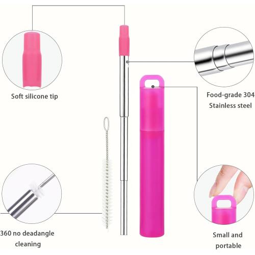 NAIVELY-Metal Reusable Straws 3 Pack Collapsible Portable Stainless Steel Drinking Straw Telescopic Travel Straw, with Case and Cleaning Brush Foldable Pocket Straws