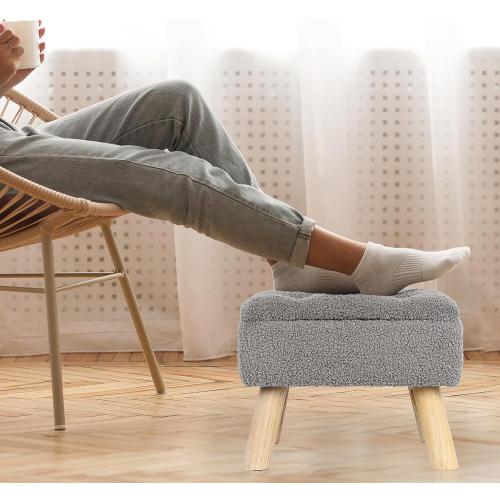 OGEMXU Storage Ottoman, Small Storage Ottoman Foot Stool with Wood Legs, Teddy Velvet Rectangular Foot Rest for Chair, Soft Sponge White Footstool for Living Room, Couch, Bedroom, Dorm (Grizzly)