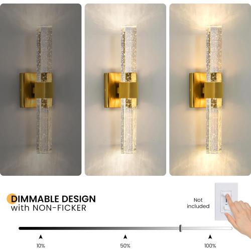 Epinl Gold Wall Sconces Set of Two - Bathroom Sconces Wall Lighting 14W Dimmable LED Crystal Wall Light with Bubble Glass 15.7inch Indoor Vanity Lights for Bathroom Hallway Bedroom (2 Pack)