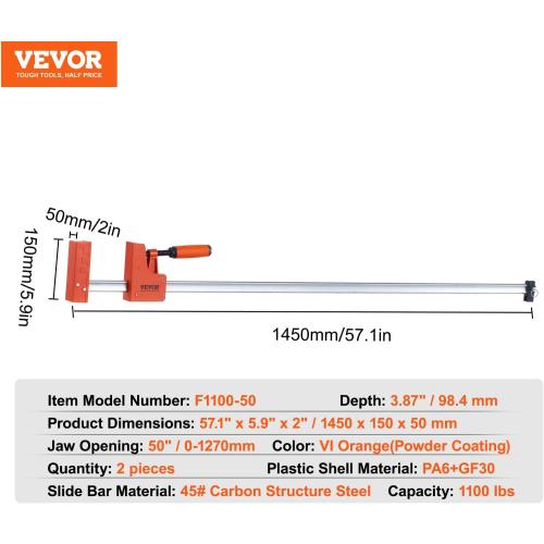 VEVOR Bar Clamps for Woodworking, 2-Pack Parallel Clamp Set, F Clamp, Even Pressure, High-strength Plastic and Carbon Steel, Wood clamps for Woodworking Metal Working