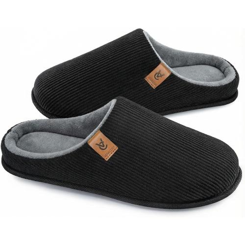 VeraCosy Men's Size 11-12 Cozy Slip-on Slippers Corduroy Memory Foam House Shoes Black