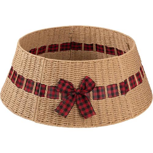OIAHOMY Christmas Tree Collar, Wicker Holiday Tree Skirt & Stand Base Cover,Paper Rope Christmas Decor with a Bow Tie, Natural-27 inch