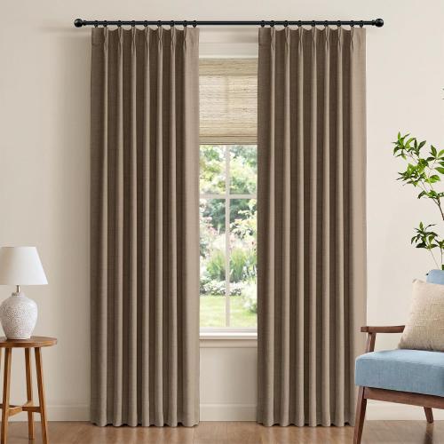 Brown Total Blackout Linen Pinch Pleated Curtains 96 Inches Long