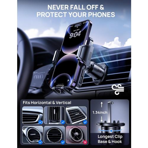 Air Vent Car Phone Holder, Metal Hook Clip, One-Hand Release, Anti-Shake