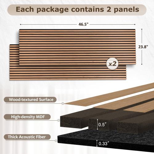 DOLLAR BOSS Wood Slat Acoustic Panels for Wall, 46.5 x 23.8 2Pcs Soundproof Absorbing Wall Panel with Wood Finish 3D Fluted, Oak