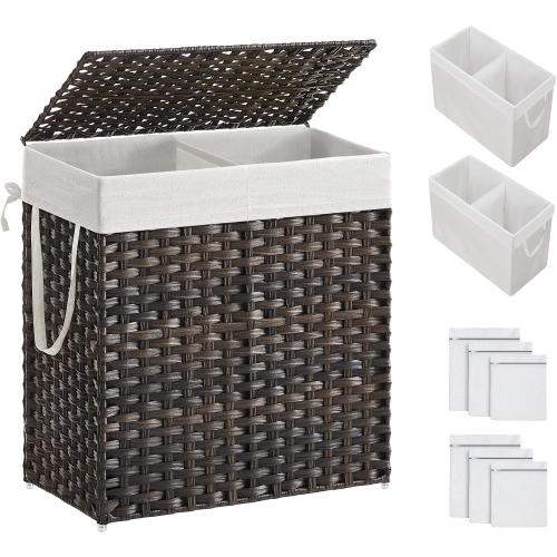 SONGMICS Laundry Hamper with Lid, 110L Clothes Hamper with 2 Removable Liner Bags, 6 Mesh Bags, Wicker Laundry Basket, Double Laundry Hamper for Bathroom, 13 x 22.4 x 23.6 Inches, Brown ULCB052K02