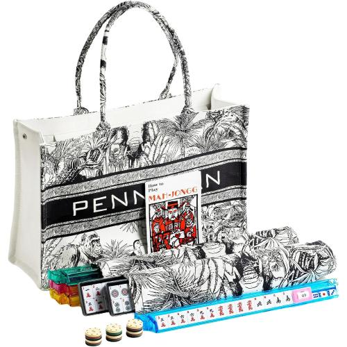 Premium American Mahjong Set, 166 Scratch-Resistant Melamine Tiles with 4 All-in-One Racks & Pushers, Thick Numbered Scoring Chips, Jungle Canvas Tote Bag for Easy Storage, Travel & Gifting (Beginner)