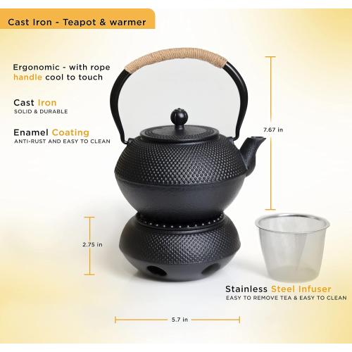 Size 40 oz Oztara Cast Iron Teapot Set, 40 oz/1200 ml Japanese Style Teapot with Infuser and Warmer, Tea pot | Tea Kettle Coated with Enameled Interior, Large Cast Iron Kettle, Black & Iron cast Teapot warmer