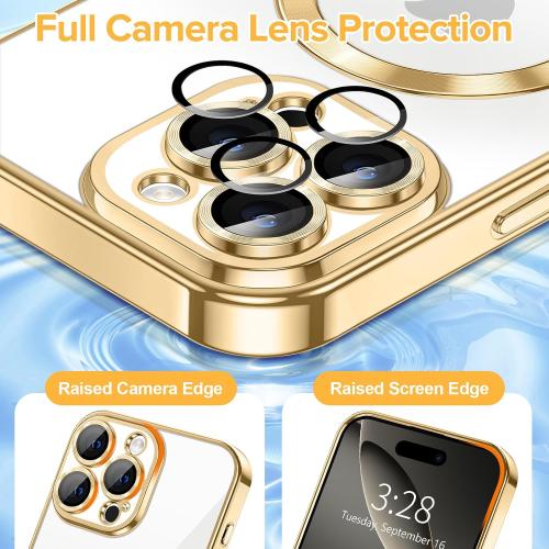 Hython Magnetic Clear for iPhone 16 Pro Case with Camera Lens Protector [Compatible with MagSafe] Luxury Plating Edge Slim Soft TPU Cover Protective Phone Case for iPhone 16 Pro 6.3, Gold