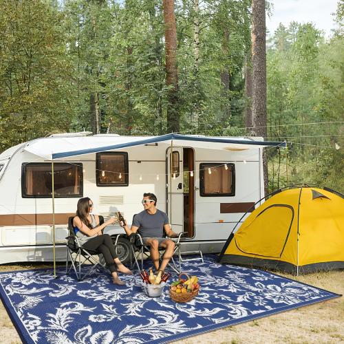 Garvee 9 x 12 Waterproof Outdoor Rug for Patio, Foldable Reversible Modern Area Rug, Floral Large Plastic Straw Mat for Camping, RV, Porch, Backyard, Deck, Picnic, Beach, Dark Blue & White