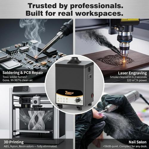 Solder Fume Extractor – 180W 320m³/h, Thickened Pre-Filters, Soundproof Low-Noise Chamber, Exclusive Downward Exhaust, H13 HEPA & High-Iodine Carbon, Smoke Absorber for Soldering, Laser, 3D Printer