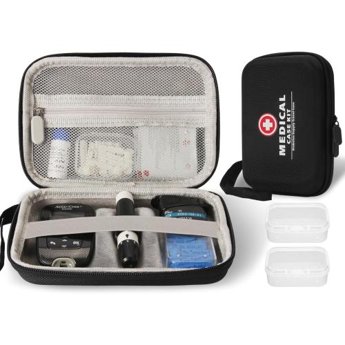 Hard Diabetes Travel Case for Accu-Chek/One Touch, Glucose Monitor Case for CareSens N for Glucose Meter, Insulin Pen, Blood Sugar Test Strips, Syringe, Needles and More Kits (Black)
