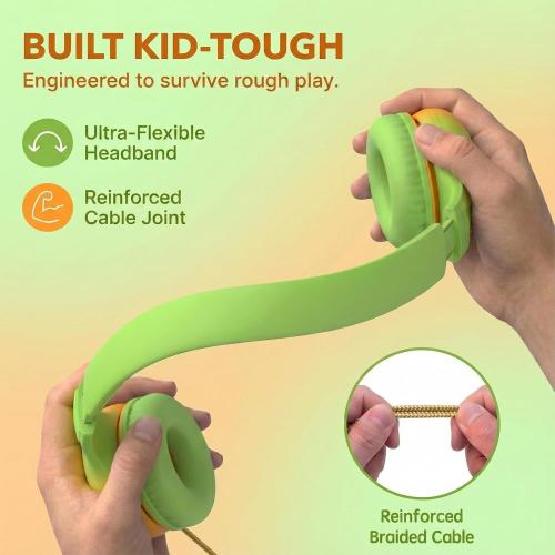 ADOOPE Wired Kids Headphones with USB C Plug, 85dB Safe Volume, Adjustable Headband, Tangle-Free Cord Headphones for School, Tablet, Travel (Lime Green & Orange, Without Microphone)