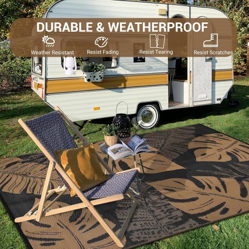 Outdoor Rug 9x18 Patio Waterproof, Foldable Reversible Outdoor Plastic Straw Rug Leaf Mat for Camper Outside Carpet for Rv, Deck, Porch, Picnic, Beach, Balcony Leaf|Black&Brown