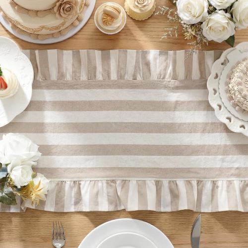 Tegeme Brown and White Stripe Ruffle Table Runner, 100% Cotton 13 x 90