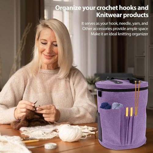 Knitting Bag Yarn Storage, Practical Crochet Bag Organizer with Lid, Portable Yarn Organizer Tote with Handle, Stylish Crochet Bags with Shoulder Strap for Knitting Supplies Crafting (purple)