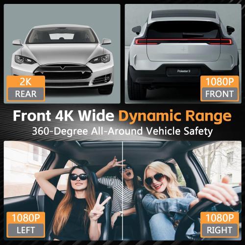 4 Channel 360° Dash Cam Front and Rear Inside, 64GB Card Included