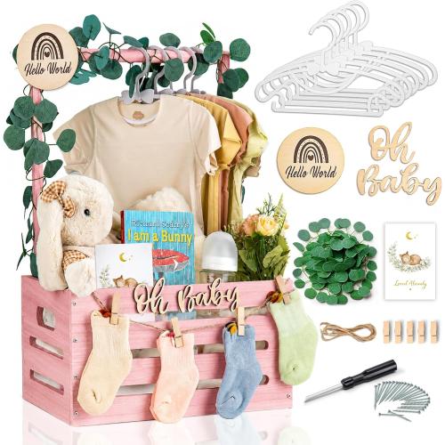 Giftacity Wooden Baby Shower Crate, Large Pink Personalized Gift Basket