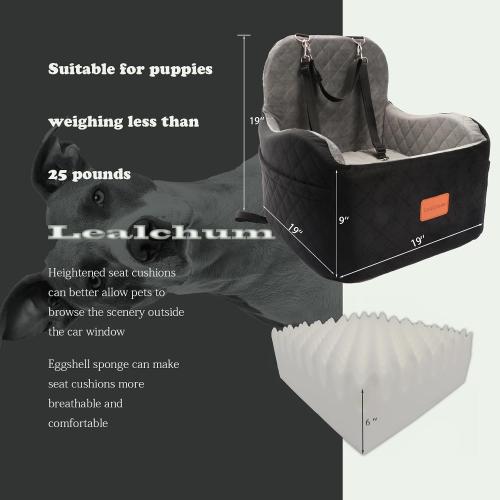 Lealchum Dog Booster Car Seat for Small/Medium Dogs,6in Memory Foam Elevated Cushion,Fully Detachable and Washable,2 Clip-On Safety Leashes,Anti-Slip Base(Black/Grey,Medium)