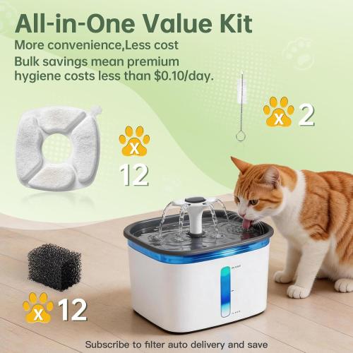 Cat Water Fountain Replacement Filters-12 Pack Cat Fountain Filters with 12 Pack Sponges, Enhanced Compatibility Pet Fountain Filter Fit for 50oz, 84oz, 95oz or 108oz Automatic Pet Dog Water Dispenser