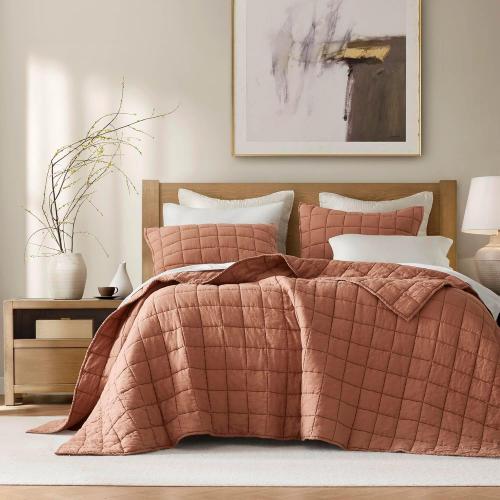 Harbor House French Flax Linen Garment Washed Quilt Set – 100% Linen Front & Back, All-Season, Breathable & Temperature-Regulating, Box Quilted, Includes Shams, King 108 x 92, Clay