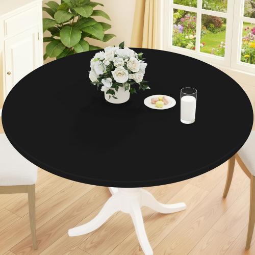 Smiry Round Picnic Tablecloth, Waterproof Elastic Fitted Table Covers for 45 - 56 Tables, Wipeable Flannel Backed Vinyl Tablecloths for Camping, Indoor, Outdoor, Black
