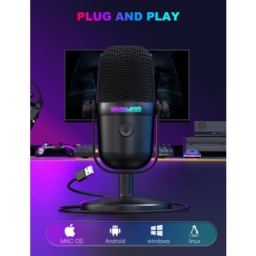 Gaming Microphone with Noise Cancellation & Mute Button, USB Condenser Mic for Streaming/Recording, Ultra-Compact Design, Compatible with PC/Mac/PS4/PS5, Podcast/YouTube/Twitch/Discord (Black)